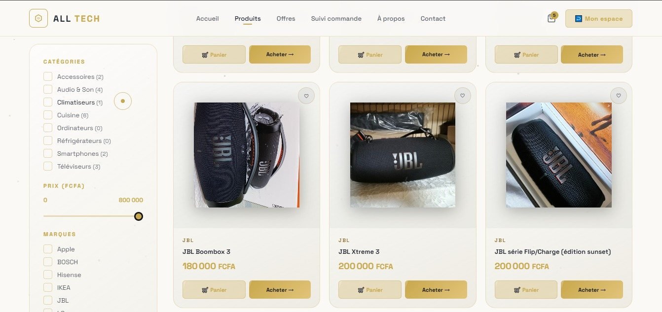 Page produits avec filtres par catégorie, prix et marque