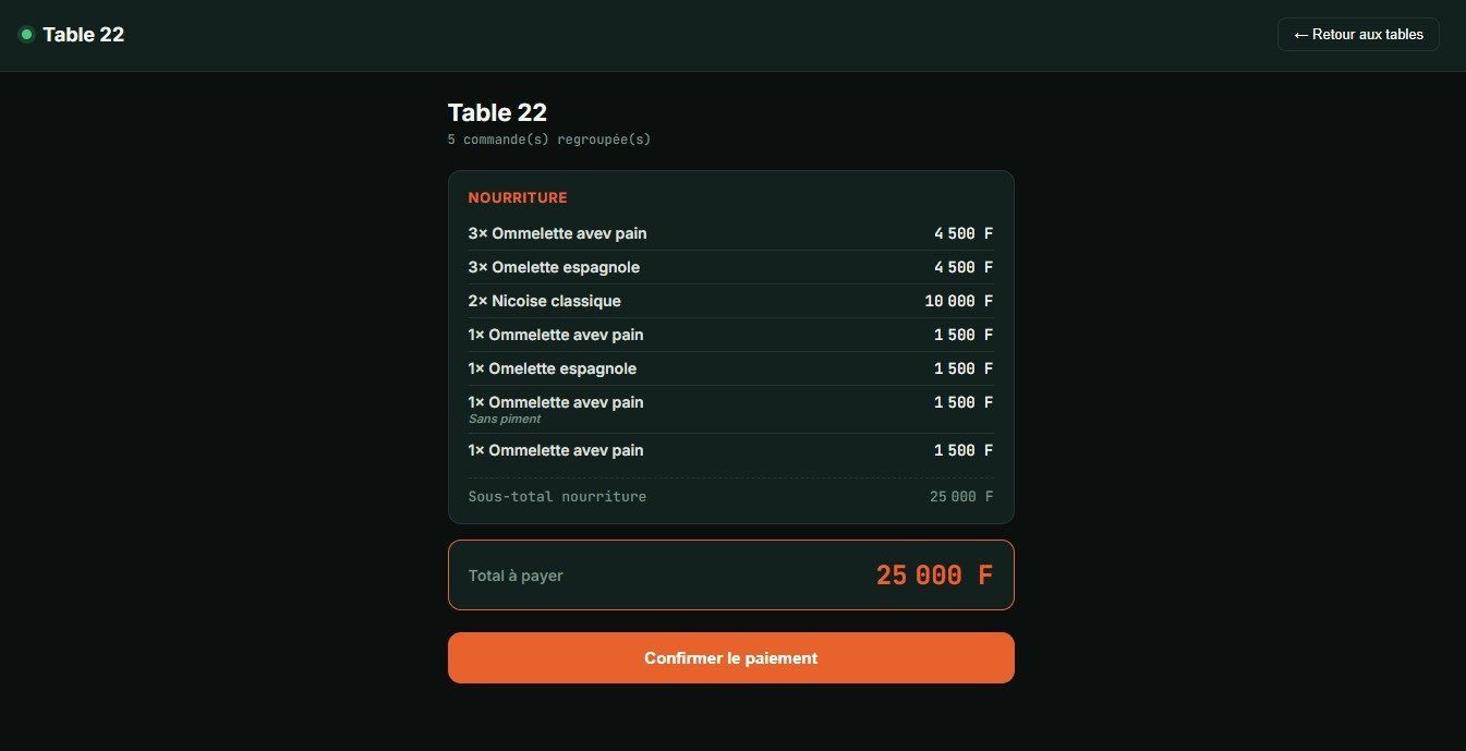 Écran caisse avec addition groupée par table