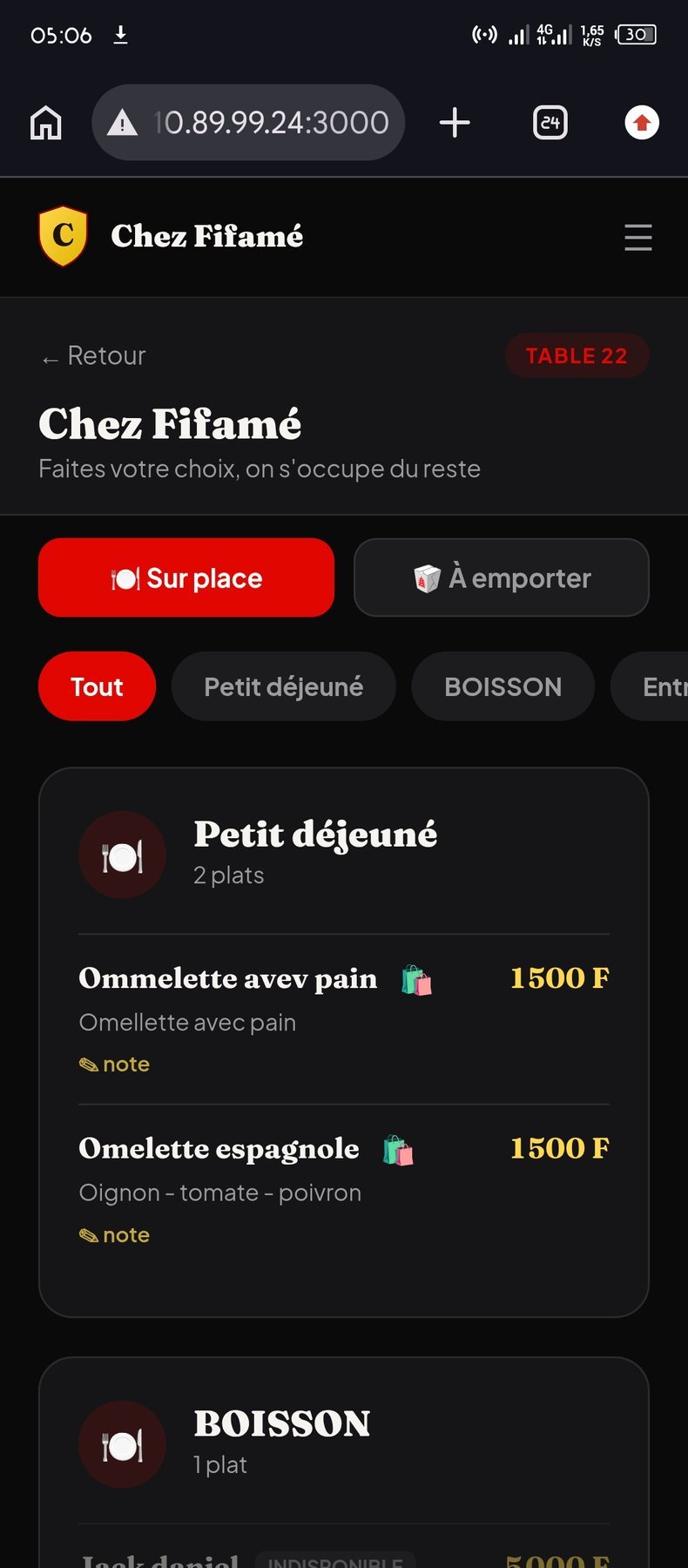 Menu par catégories avec plats et notes personnalisées