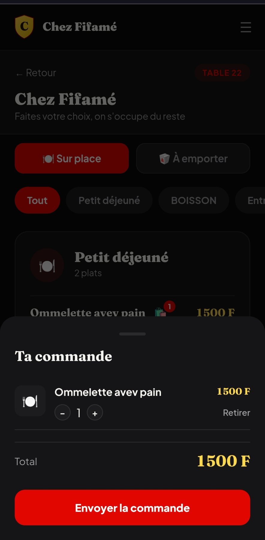 Récapitulatif de commande avant envoi en cuisine