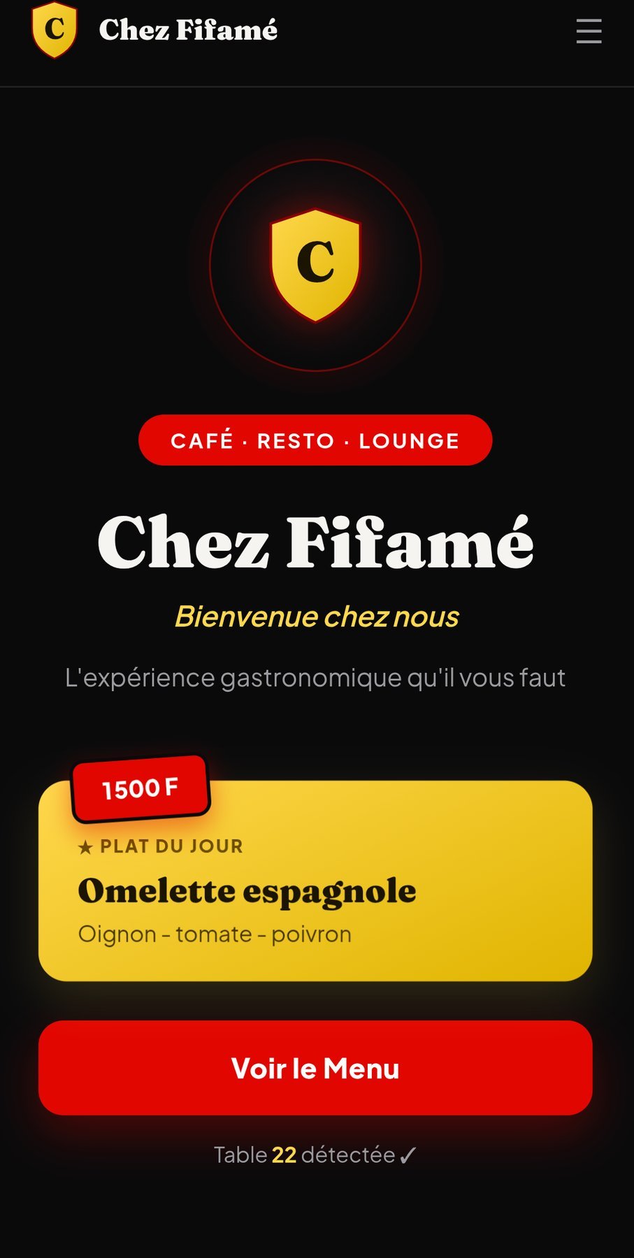 Écran d'accueil du menu client après scan du QR code
