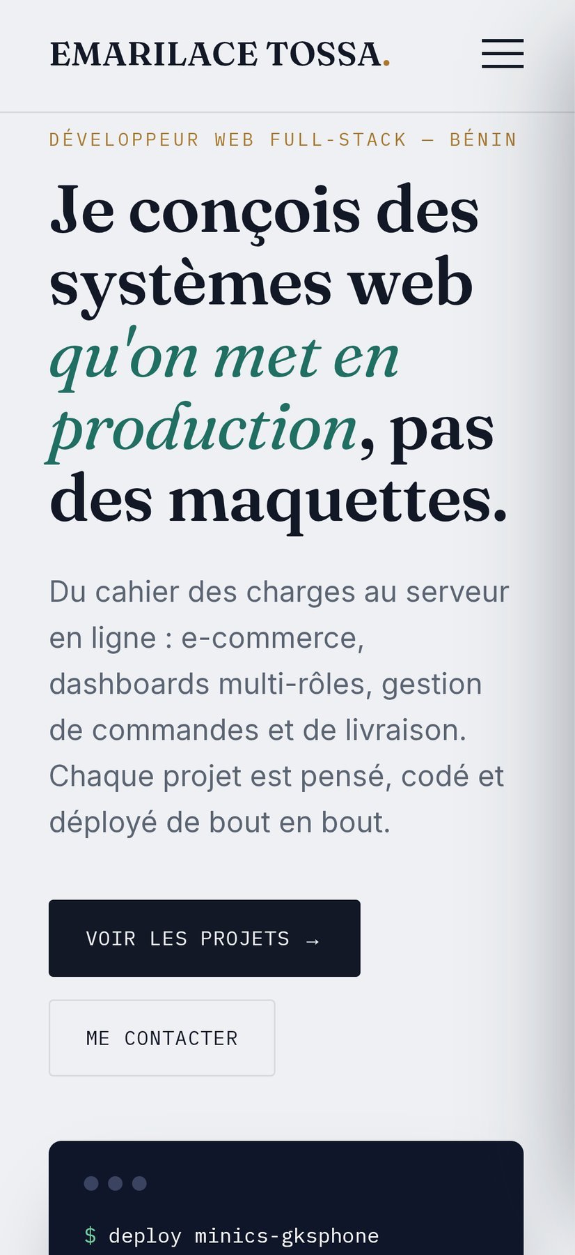 Page d'accueil du portfolio affichée sur téléphone